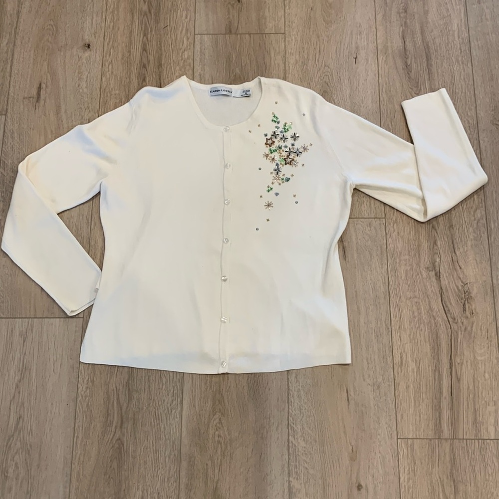 KAREN LESSLY Cream Cardigan with Glass Bead Embellishments Size 1X
#41
